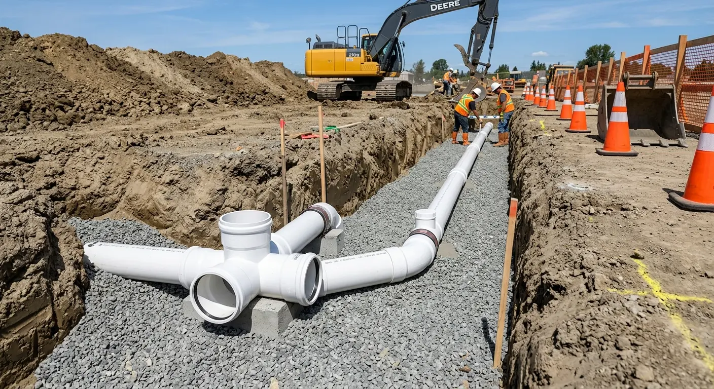 New PVC sewer pipe installation in open trench for Sewer Backup in Florence
