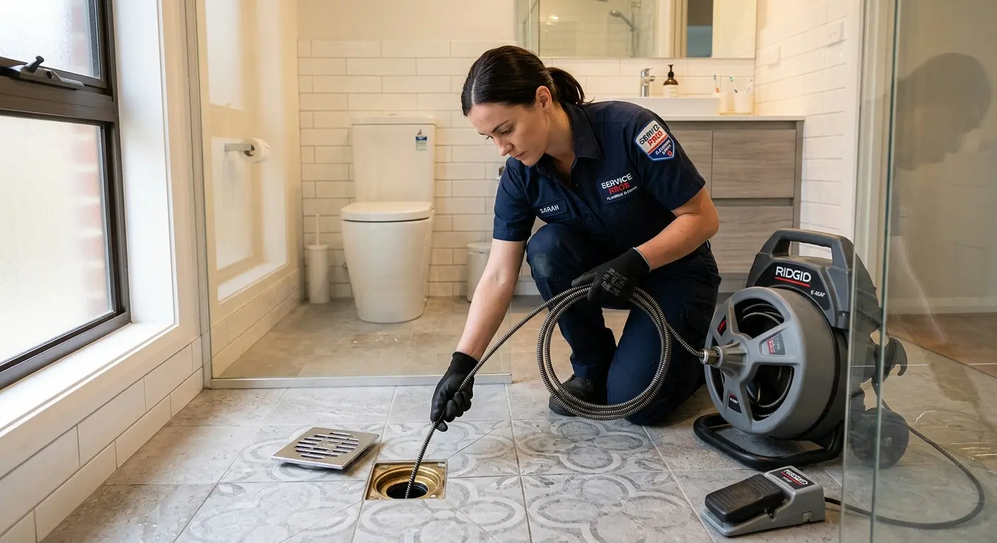 Technician clearing a bathroom floor drain for Drain Cleaning in Florence